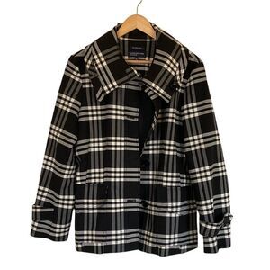 Jones New York Women's Plaid‎ Short Trench Jacket Size L Black White Classic